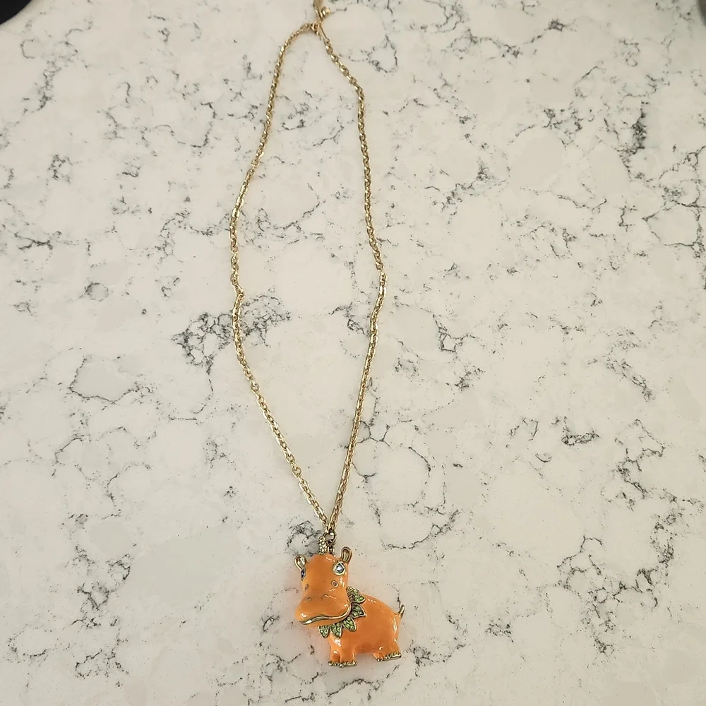 Beeline Vintage Mod Enamal Orange Hippo Circa 60's 70’s Gold Tone Necklace - Picture 3 of 8